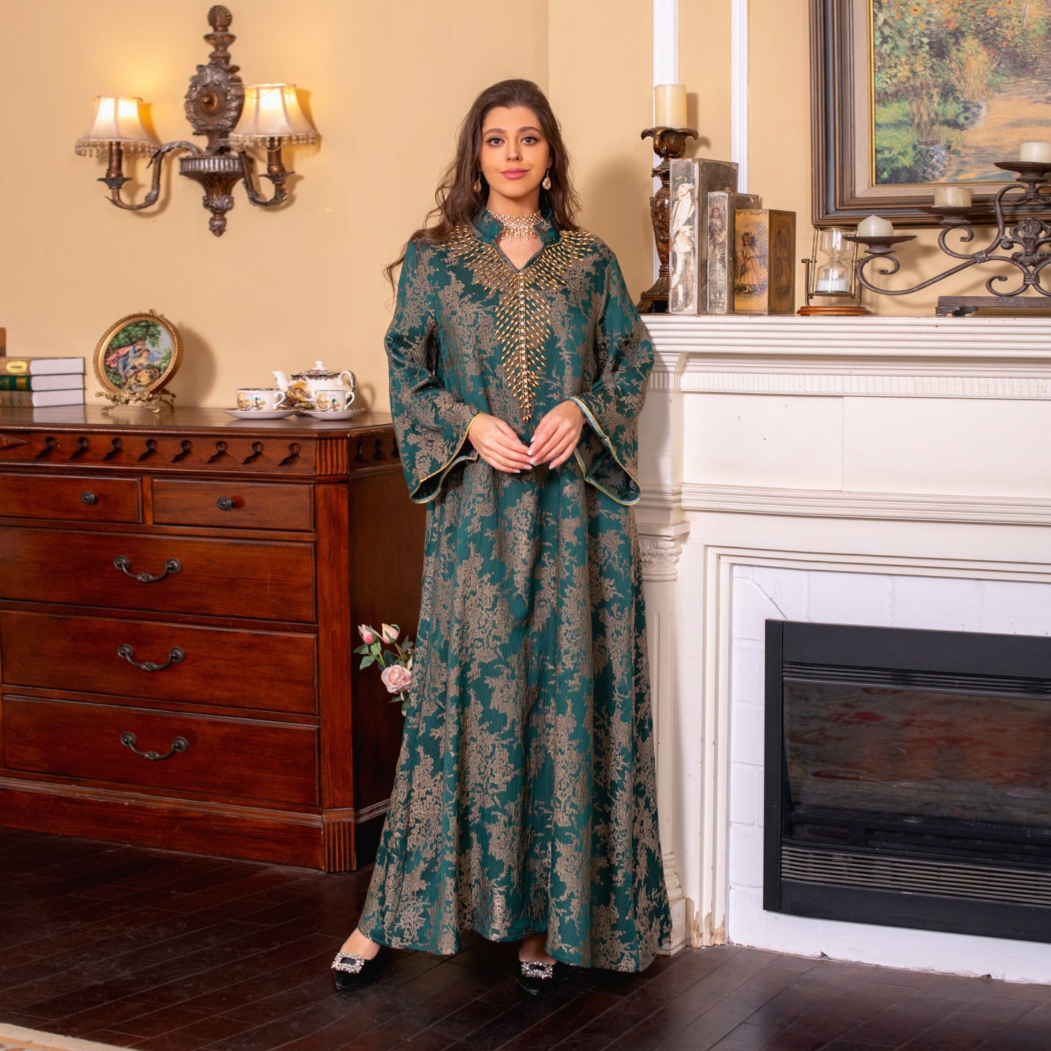 beaded abaya dress Pearl Beaded Satin Abaya Dress Coffee / XL