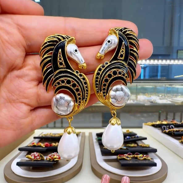 Art Nouveau Style Black Enamel Sterling Silver Hoop Earring