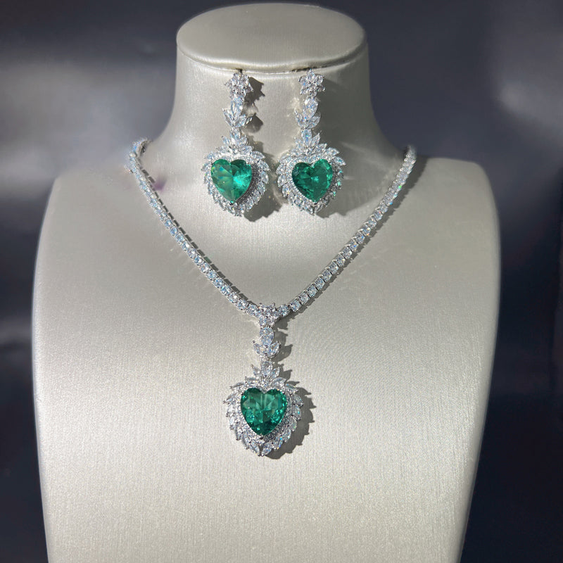 Heart Shaped Green Gemstone Pendant Necklace Earring Set