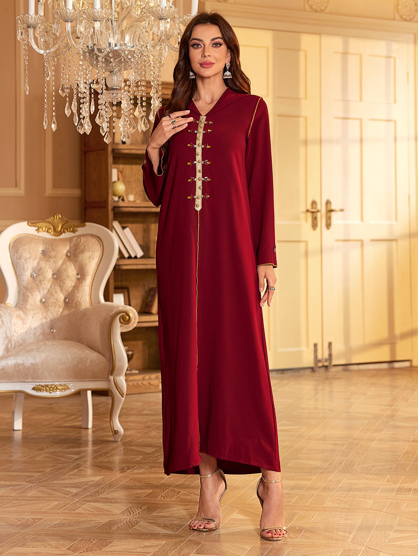 Burgundy Beaded Abaya Long Dress