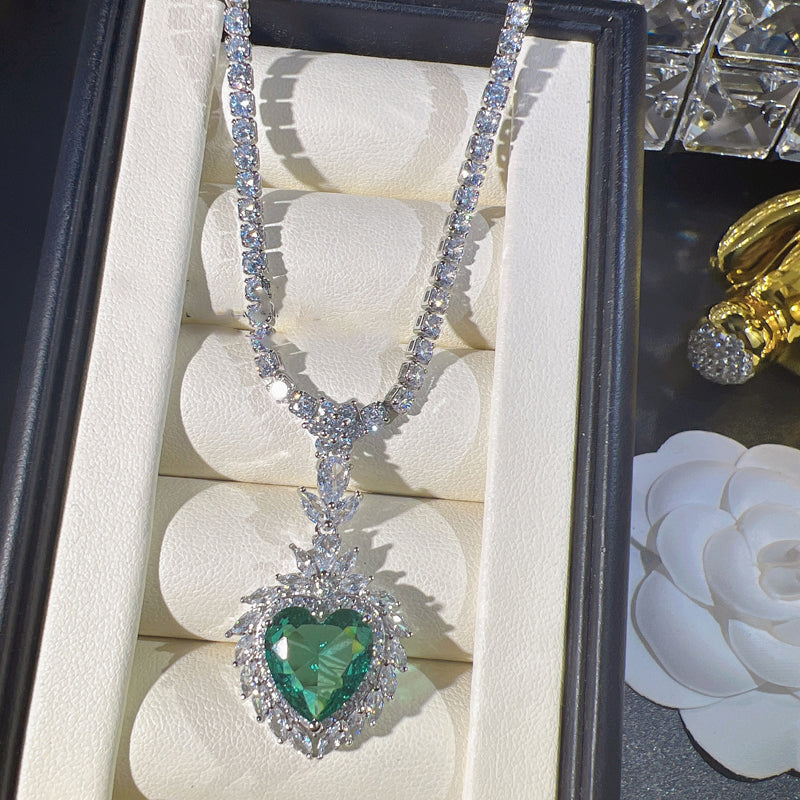 Heart Shaped Green Gemstone Pendant Necklace Earring Set