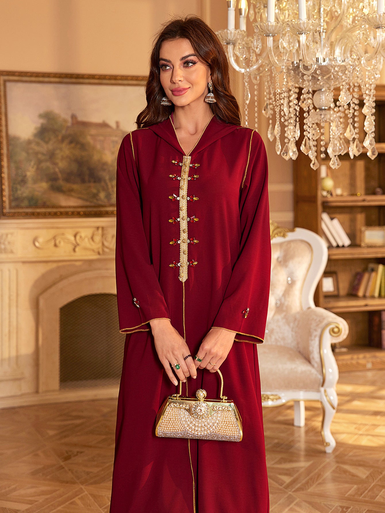 Burgundy Beaded Abaya Long Dress