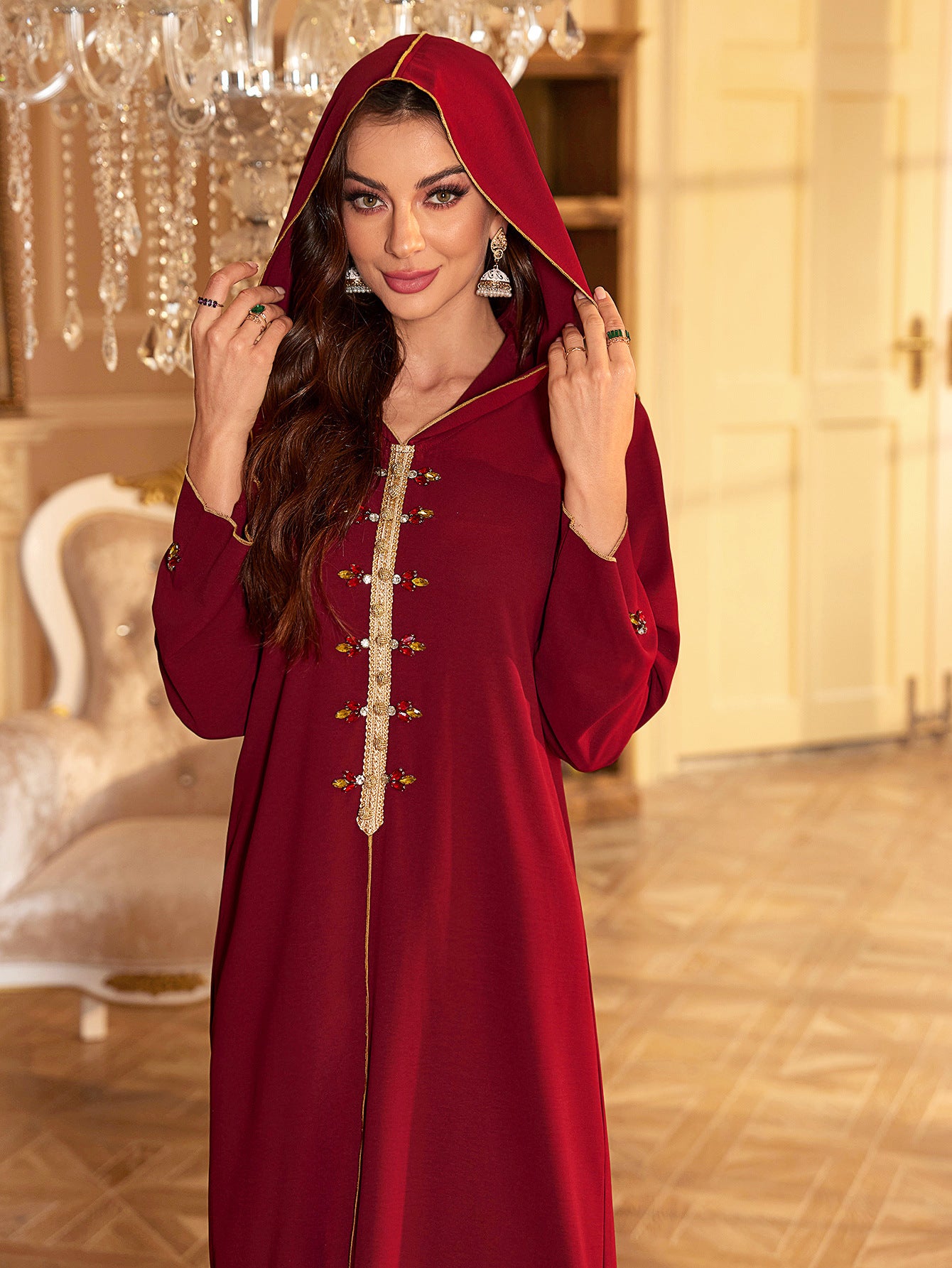 Burgundy Beaded Abaya Long Dress