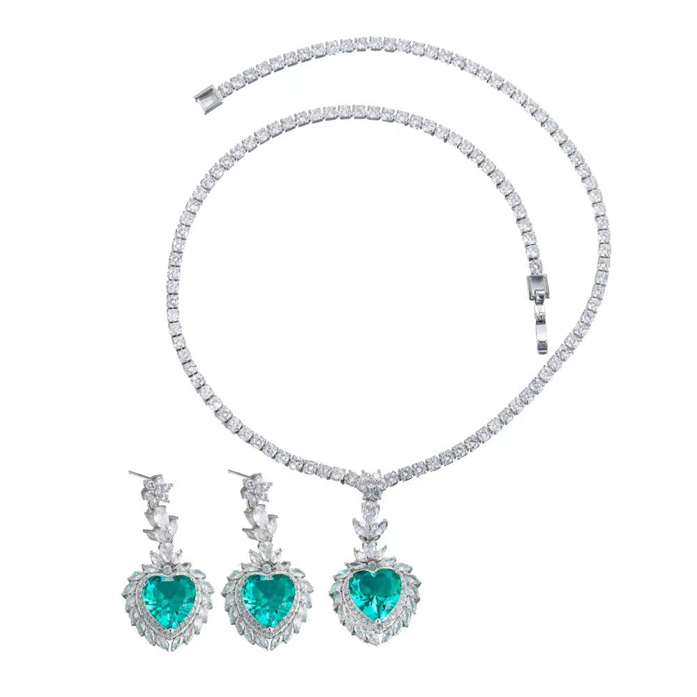 Heart Shaped Green Gemstone Pendant Necklace Earring Set